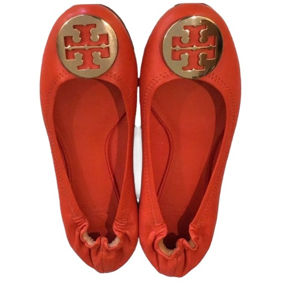 Tory Burch Shoes - TORY BURCH Vibrant Orange Leather Minnie Ballet Flats Size 7